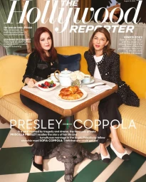 Priscilla Presley and Sofia Coppola seated together at a café table with croissants and berries, photographed by Melodie Mcdaniel.