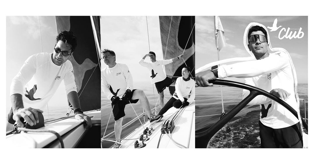 Black and white triptych of people sailing: men at the helm of a sailboat on open water, wearing sailing gear with branded t-shirts.