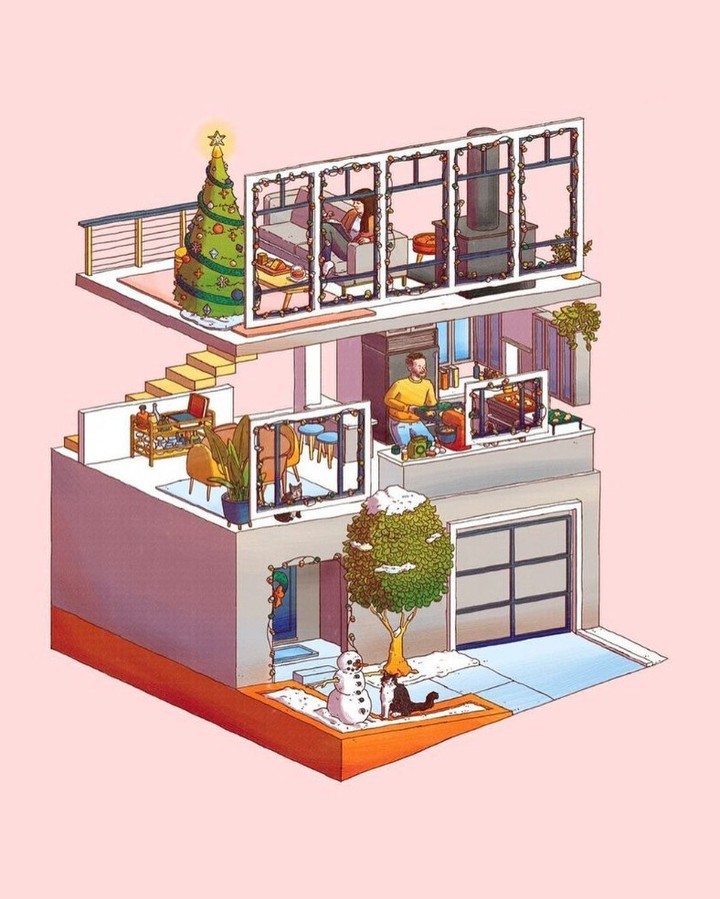 Isometric illustration of a two-story house decorated for Christmas, featuring people, furniture, decorations, a cat, and a snowman.