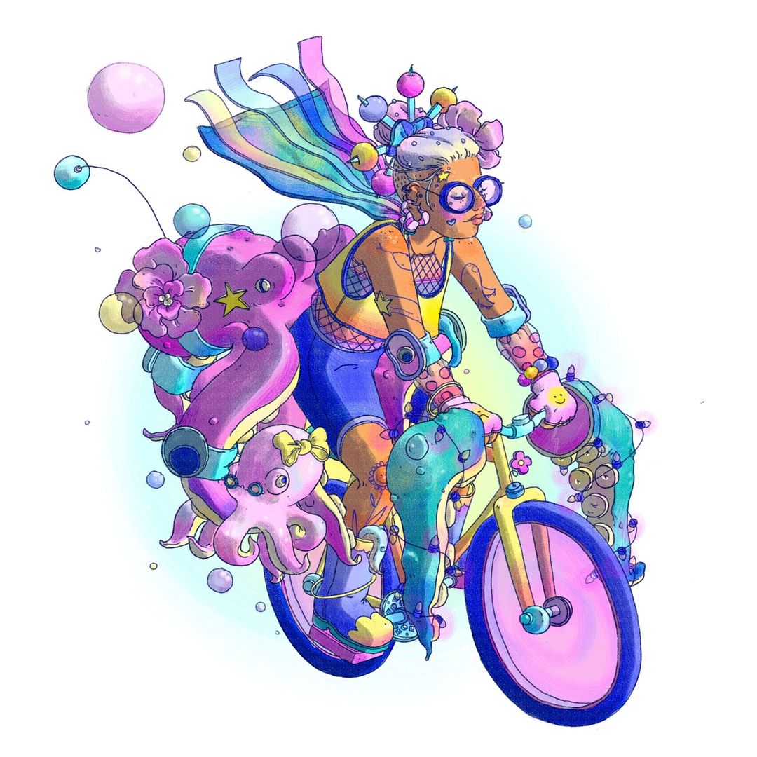 Illustration of a person with glasses riding a bike surrounded by cartoon sea creatures and colorful objects in a surreal, playful style.