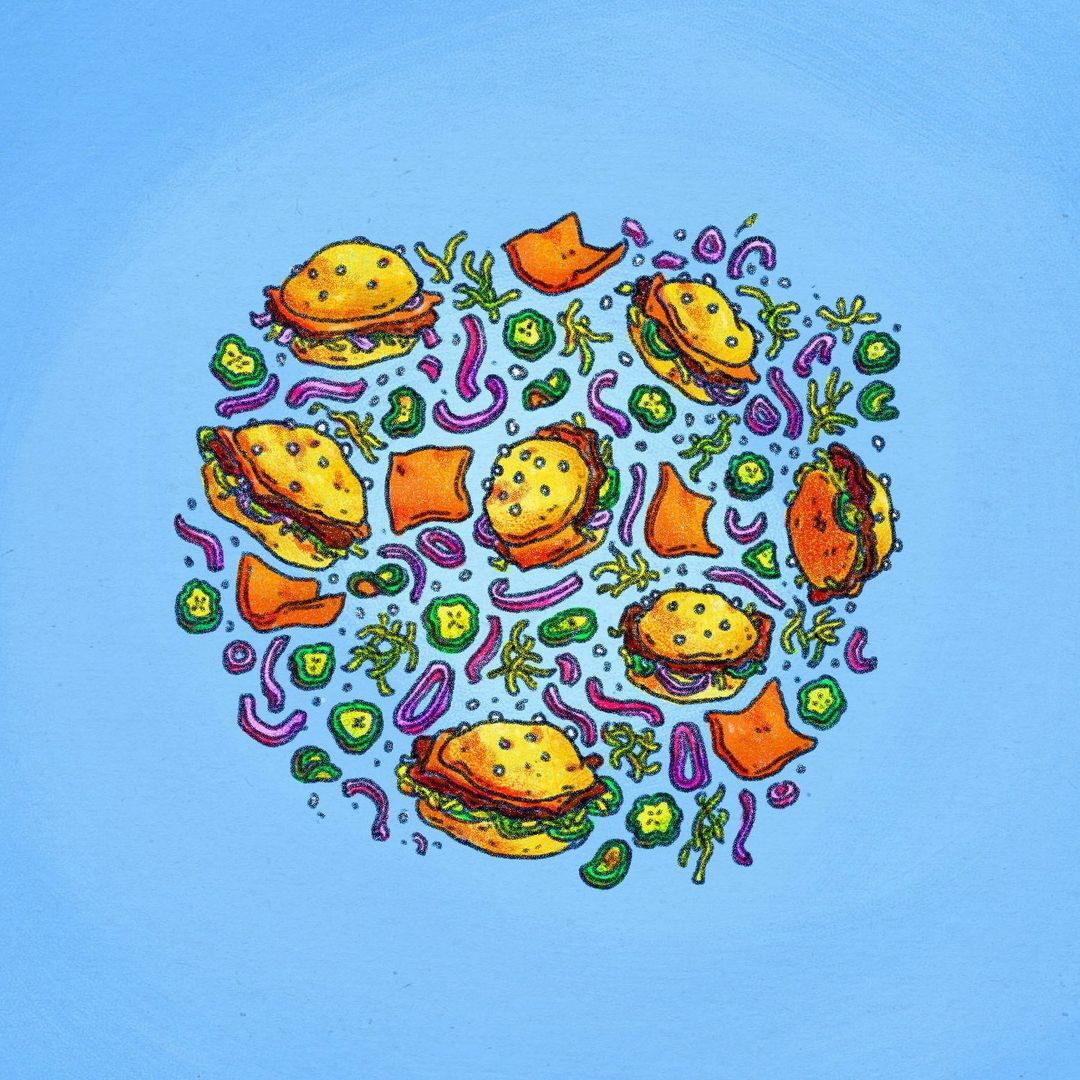 Illustration of burgers, onion rings, pickles, and tortilla chips arranged in a circular pattern against a light blue background.
