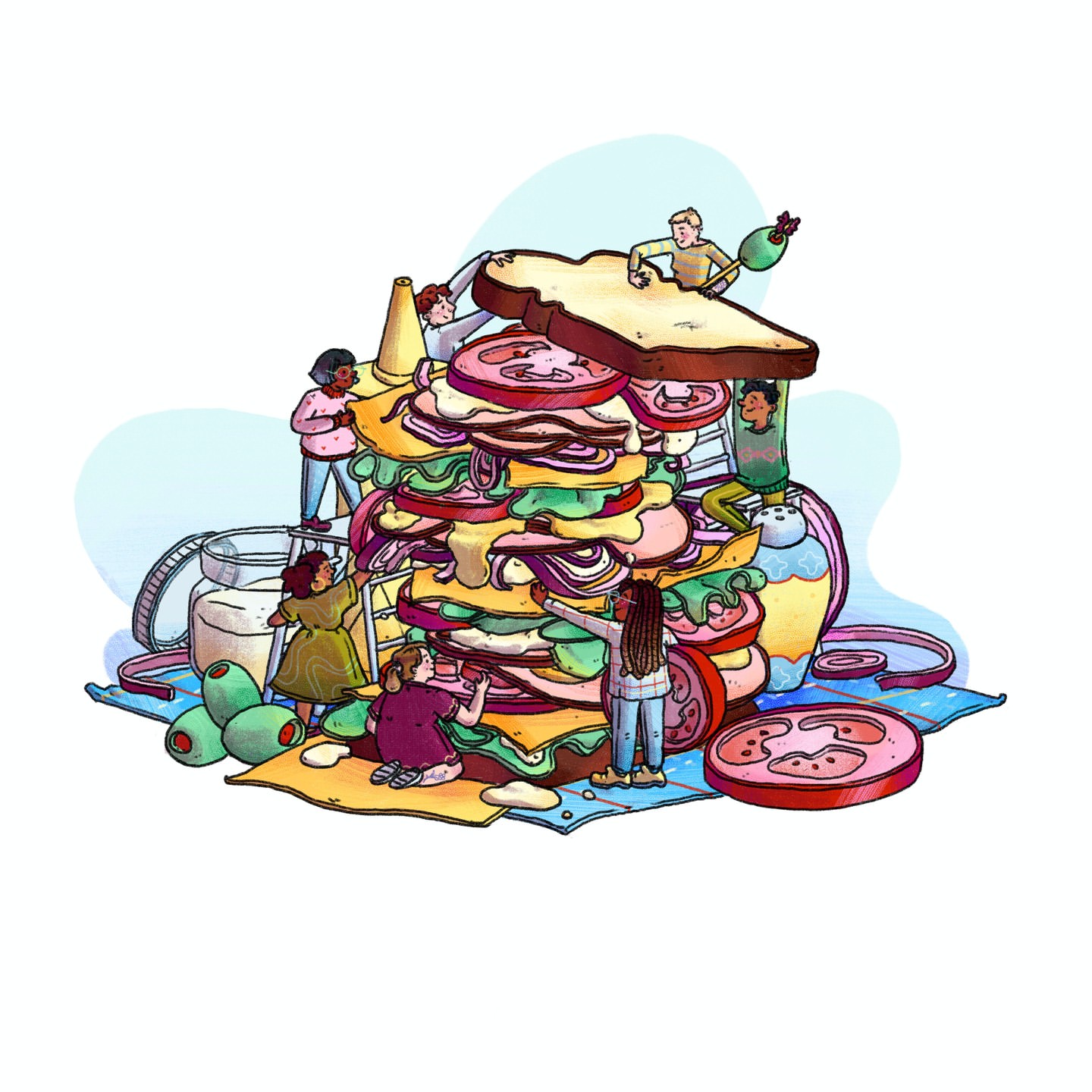 Whimsical food illustration of diverse tiny people constructing a giant sandwich with layers of ingredients on a blue tablecloth background.