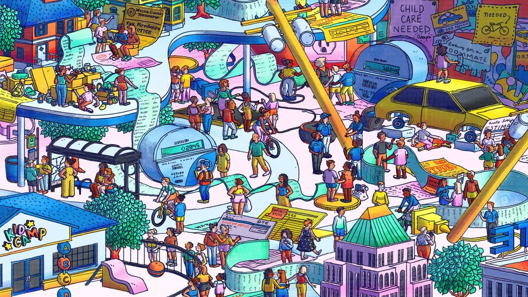 Busy cartoon illustration with many diverse figures, buildings, street elements, and paperwork in a colorful, whimsical style.