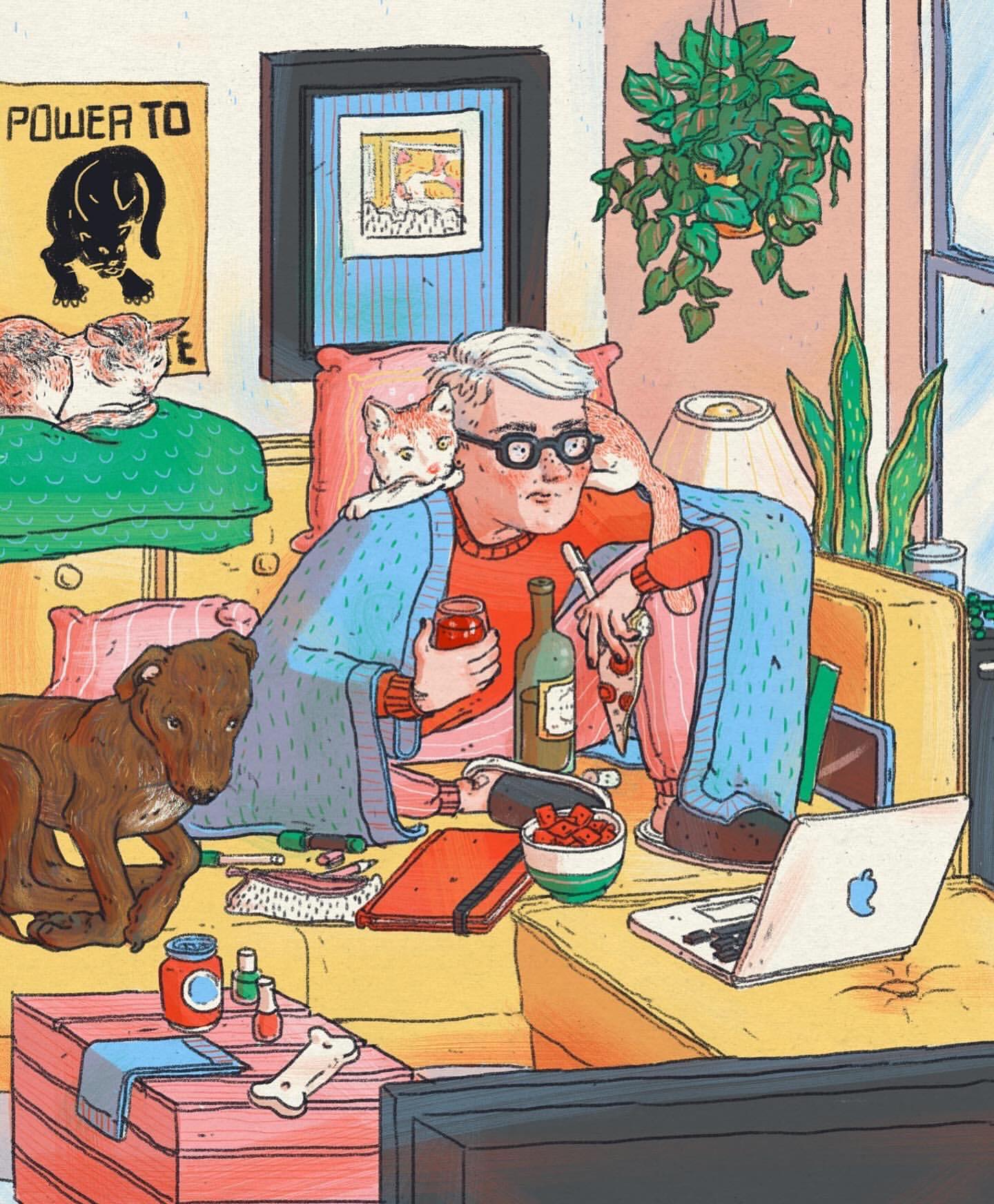 Illustration of a person relaxing on a couch with cats and a dog, surrounded by snacks, a laptop, and a TV in a cozy, cluttered room.