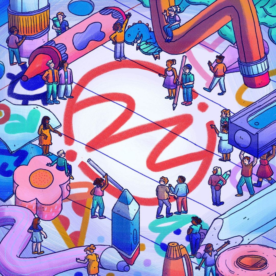Diverse group of miniature people interact with giant art supplies, including crayons, pencils, erasers, and paint on a white surface.