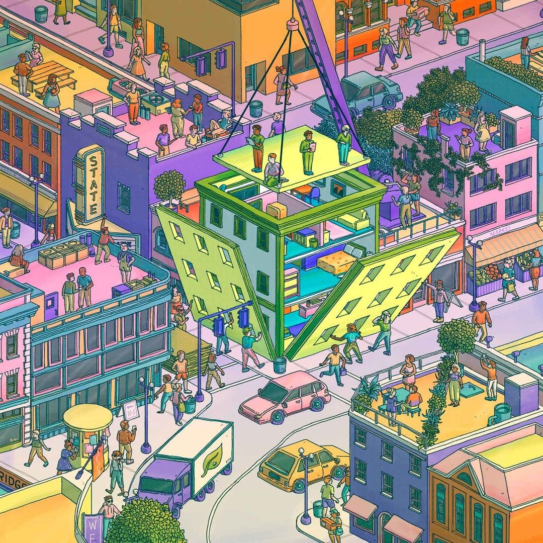 Isometric illustration of a green-and-yellow building under construction in a vibrant city, with people populating the scene.