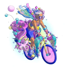 Colorful illustration of a person riding a bicycle adorned with floating spheres and whimsical sea creature motifs.