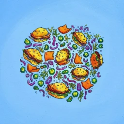 Colorful food illustration featuring burgers, cheese slices, and pickles arranged in a circular cluster on a bright blue background.