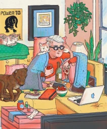 Illustrated person wrapped in a blue blanket sitting on a couch with a dog and two cats while using a laptop
