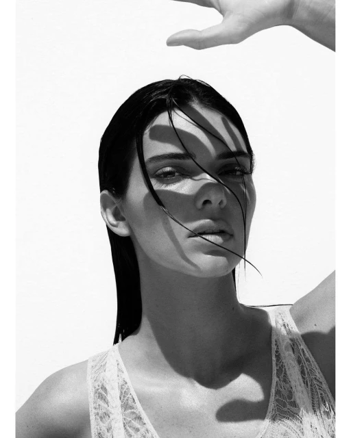 Black and white close-up of a woman with wet dark hair and lace top, casting hand shadows across her face, set against a stark white backdrop.