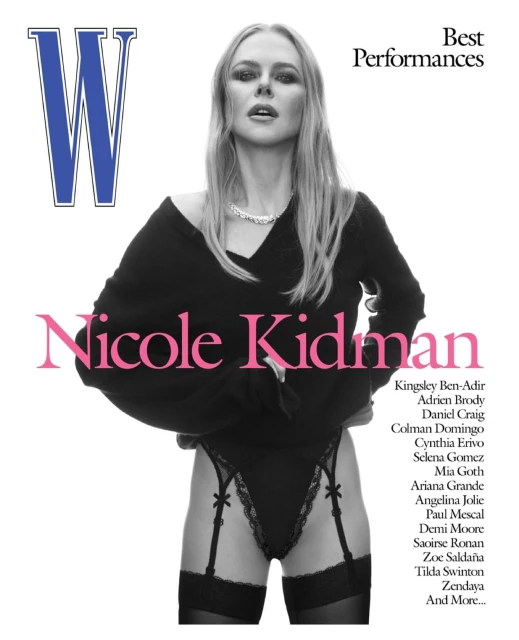Black and white W Magazine cover featuring Nicole Kidman in an off-the-shoulder top and lingerie, with bold pink title text.