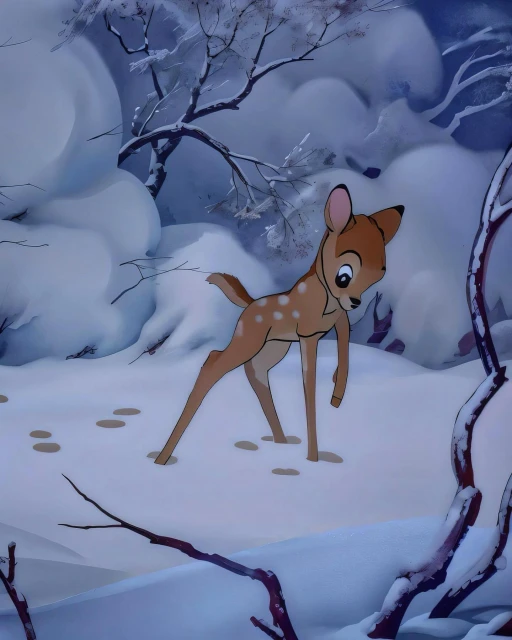 Illustration of a fawn with spots in a snowy forest, evoking a sense of childhood innocence, winter, and animation style.