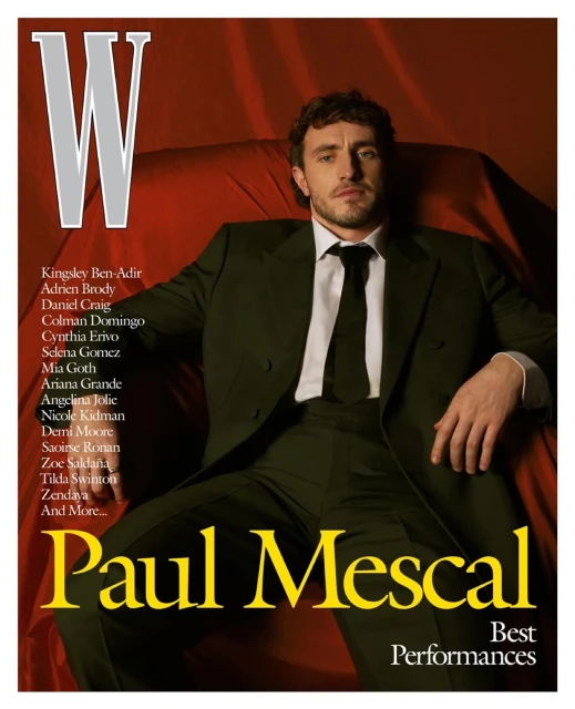 Magazine cover featuring Paul Mescal in a dark suit, posed against a red backdrop, with text overlay and the letter W in the top left.
