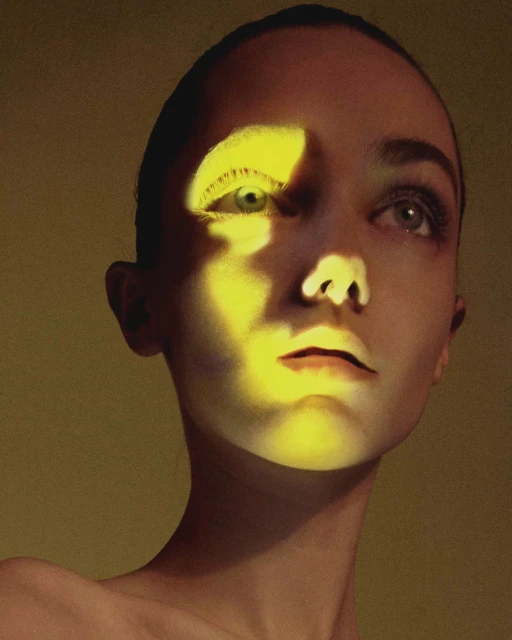 Portrait of woman with green eyes, illuminated by a strong yellow light cast on her face, gazing upward in a dimly lit environment.