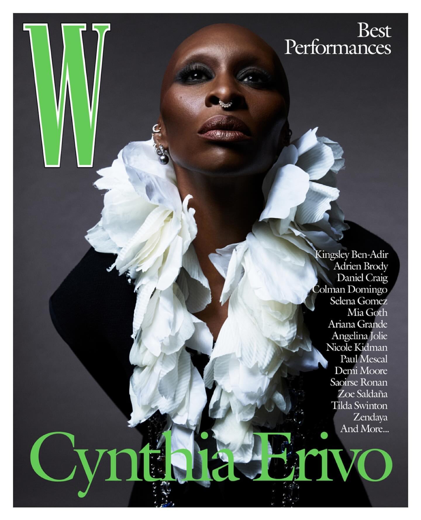 Striking portrait of Cynthia Erivo on a W Magazine cover, wearing a dramatic white ruffled collar, with a focus on her facial features and style.