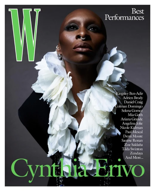 Striking portrait of Cynthia Erivo on a W Magazine cover, wearing a dramatic white ruffled collar, with a focus on her facial features and style.