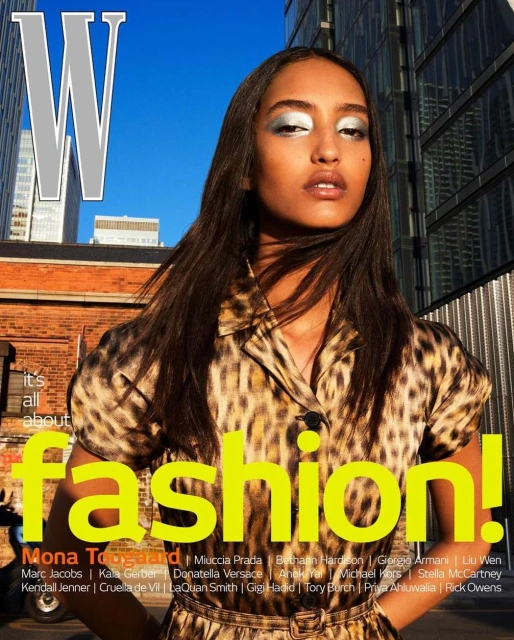 W Magazine cover featuring a woman with silver eyeshadow, wearing an animal print dress, posing against a city and a brick wall.