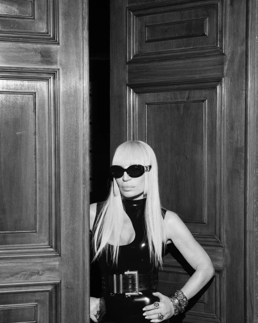 Black and white shot of a fair-skinned adult female with long platinum blonde hair, wearing black sunglasses, dress and belt, posing indoors.