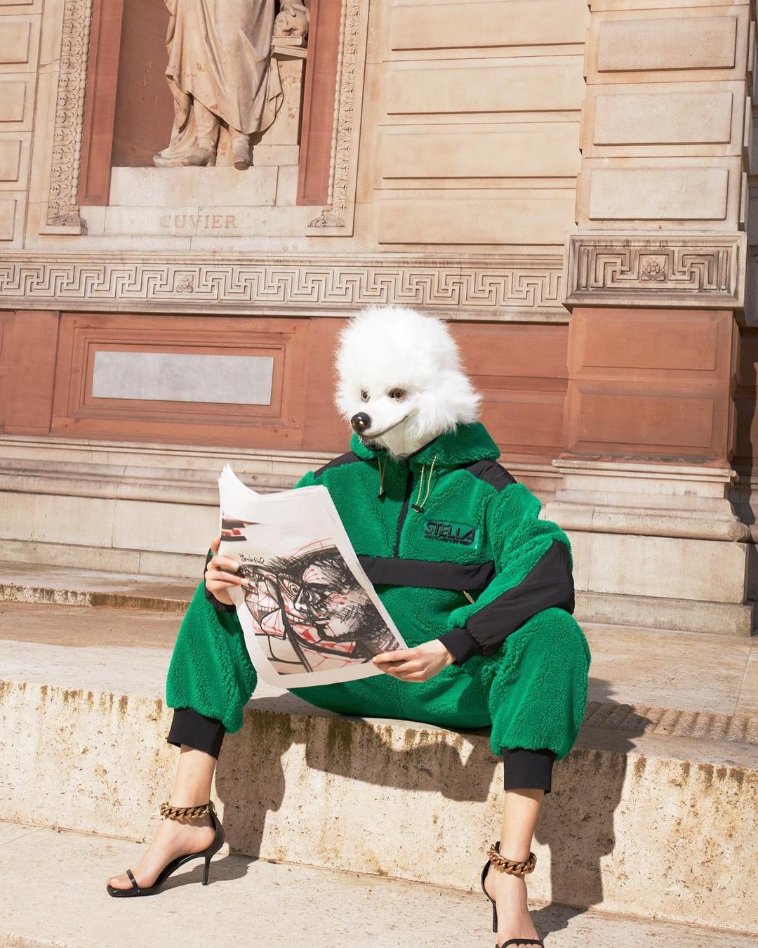 Person with a dog head mask in green tracksuit reading newspaper sitting on steps with architecture in background on sunny day.