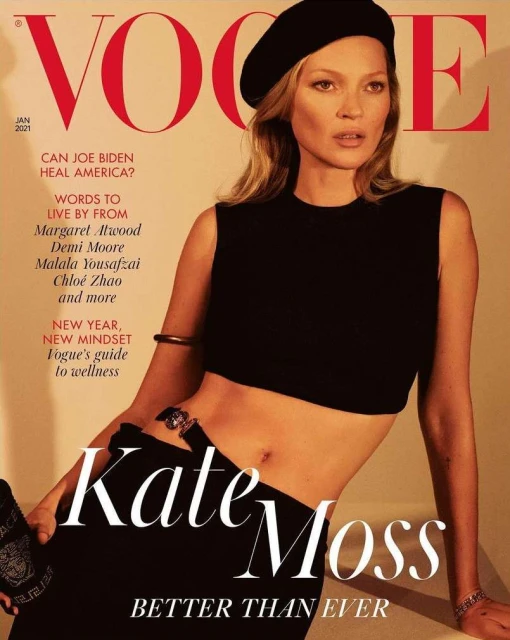 Vogue cover featuring Kate Moss in a black beret and crop top against a peach backdrop with red and white text elements and brand logo.