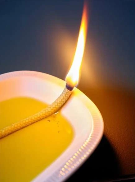 Candle flame burning on a white plate filled with wax, casting a warm glow in a close-up shot against a blurred background.
