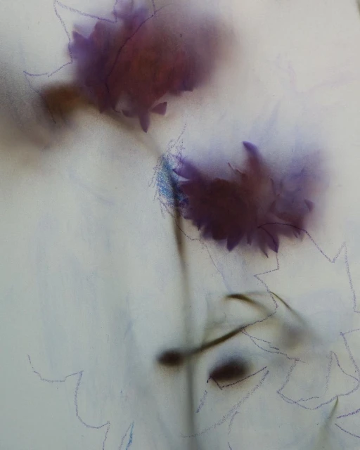 Dreamy abstract art featuring blurred purple flowers with soft, diffused lighting against a neutral, textured background creating a serene mood.