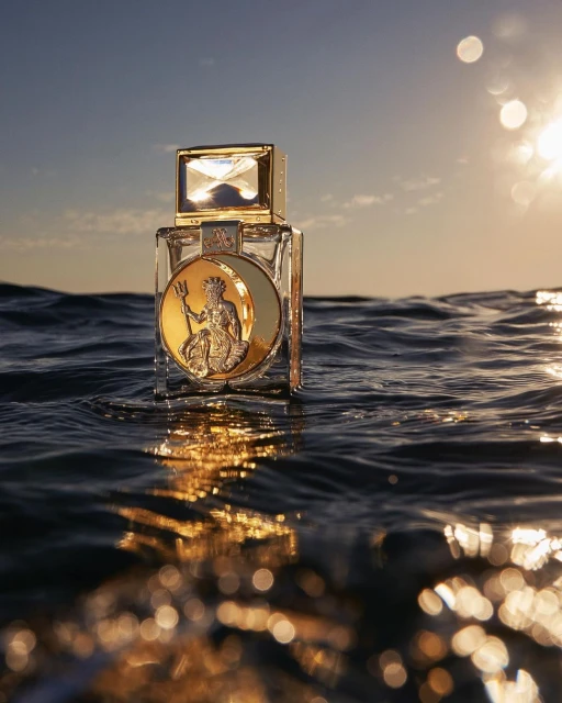 Crystal perfume bottle with gold accents in ocean water with the sun in the background creating a luxurious and high-end feel.