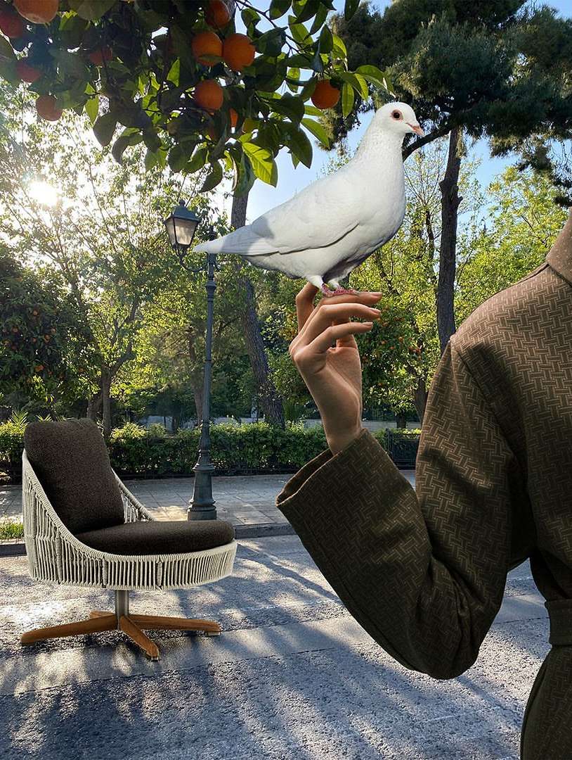 White dove perches on a hand outdoors in a park-like setting with trees, an orange tree, a decorative chair, and an ornate lamp post.