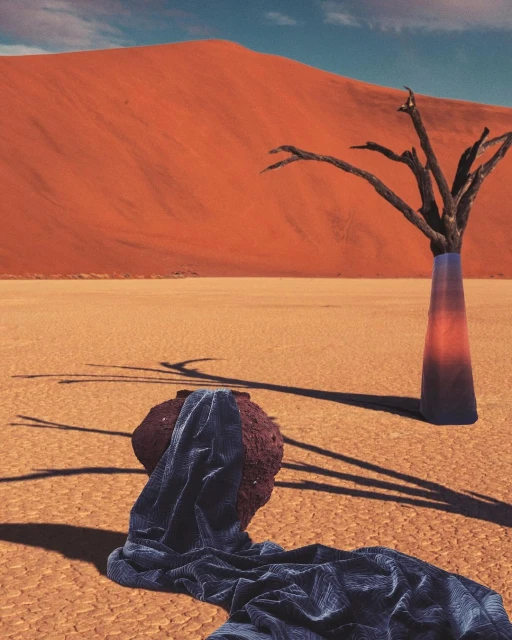 Striking desert landscape featuring a dead tree in a vase, draped fabric, and a large sand dune under a clear blue sky.