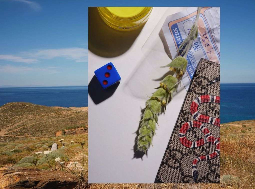 Still life with a blue die, plant sprig, wallet, and small bottle on a white surface, with a coastal vista in the background.