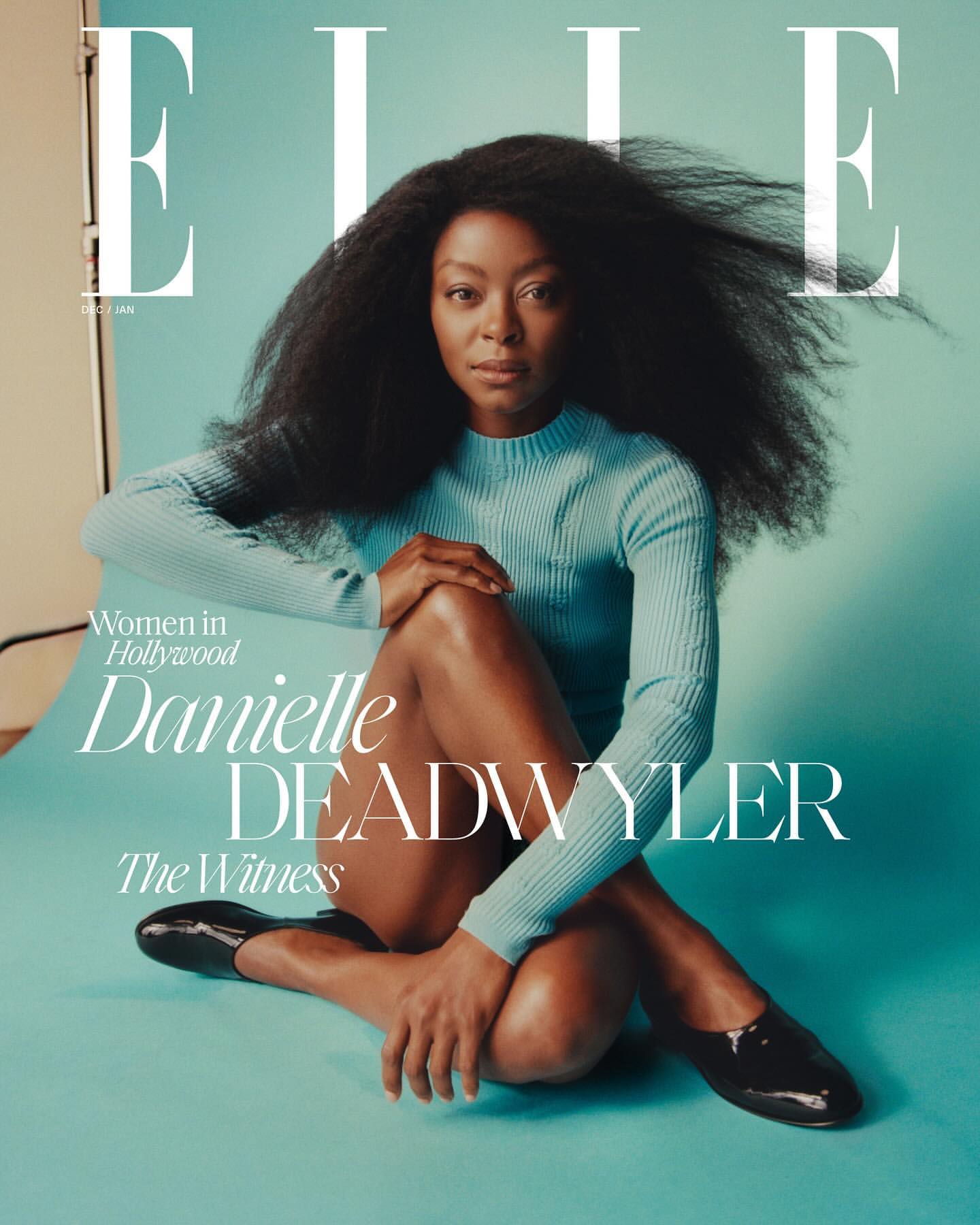 Magazine cover featuring Danielle Deadwyler wearing a turquoise long-sleeved top, with the 'ELLE' logo and cover text visible.
