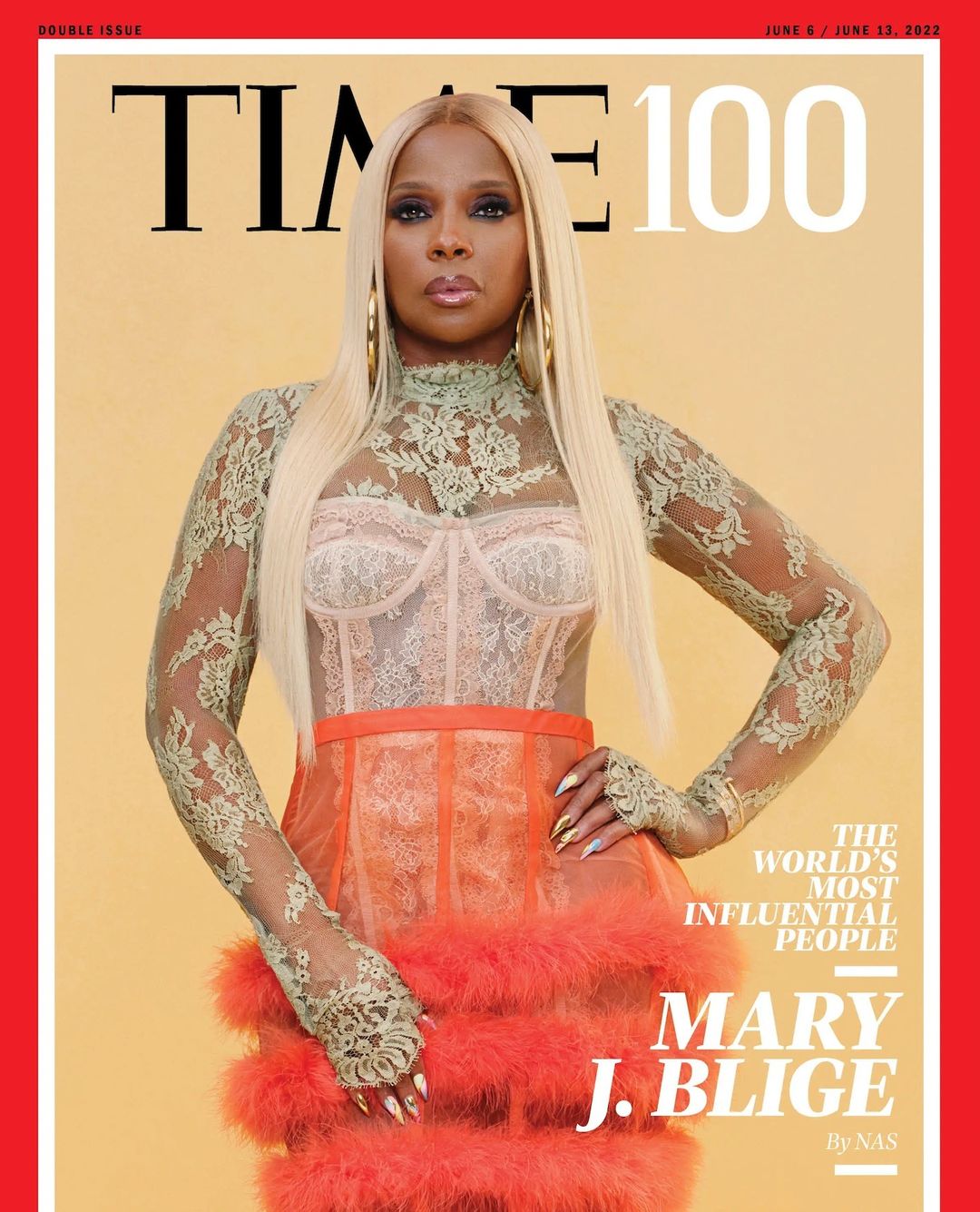 Mary J. Blige on Time 100 cover. She wears a light green lace top, peach corset, coral skirt with feathers, long blonde hair, earrings.