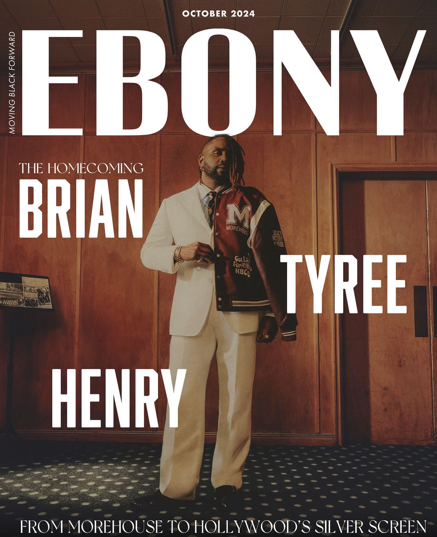 Ebony magazine cover, October 2024 issue, features Brian Tyree Henry in a full shot. He is in a suit, against wood panel background.