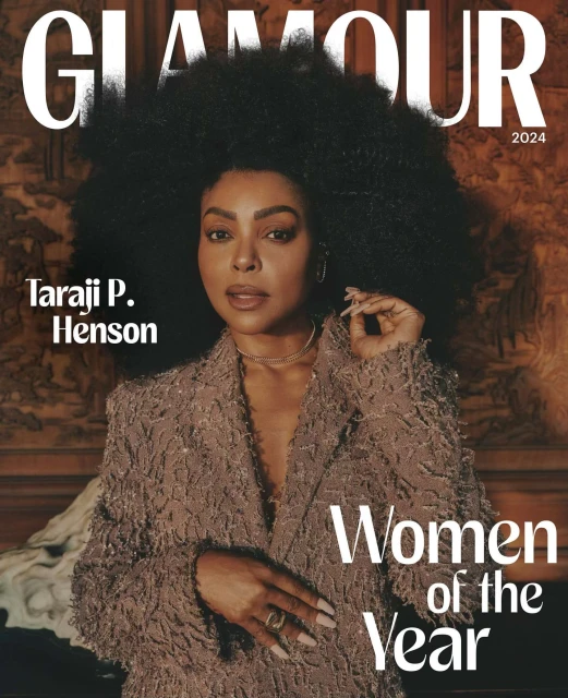 Glamour magazine cover featuring Taraji P. Henson in a textured coat, large afro hairstyle, gold jewelry, and a neutral colour palette.