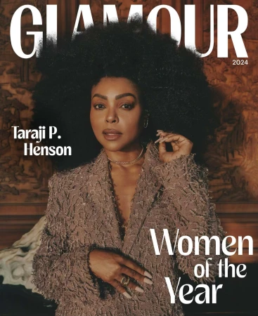 Glamour magazine cover featuring Taraji P. Henson in a textured coat, large afro hairstyle, gold jewelry, and a neutral colour palette.