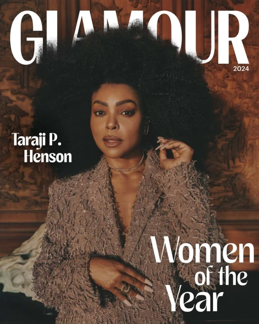 Magazine cover featuring Taraji P. Henson with large afro, wearing a sparkly jacket, jewelry, and rings against a textured background.