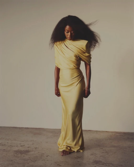 Elegant African-American woman in a draped yellow gown posing in a studio with neutral background, highlighting fashion and beauty.