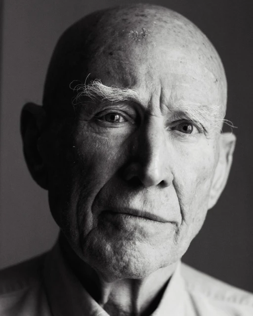 Black and white portrait of an elderly man with a bald head, light eyes, and furrowed brow, captured in a studio setting with soft lighting.