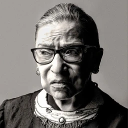 Portrait of Ruth Bader Ginsburg wearing black glasses and an embroidered collar, photographed by Michael Avedon.