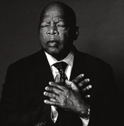 Black and white portrait of John Lewis with eyes closed and hands clasped over his chest wearing a suit and tie