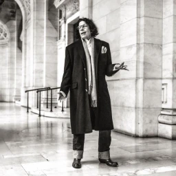 Fran Lebowitz wearing dark overcoat, scarf, and cuffed jeans standing inside a grand classical interior by Michael Avedon