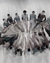 Group of ballet dancers seated in a circle on a white studio floor with one leg raised toward the center photographed by Michael Avedon