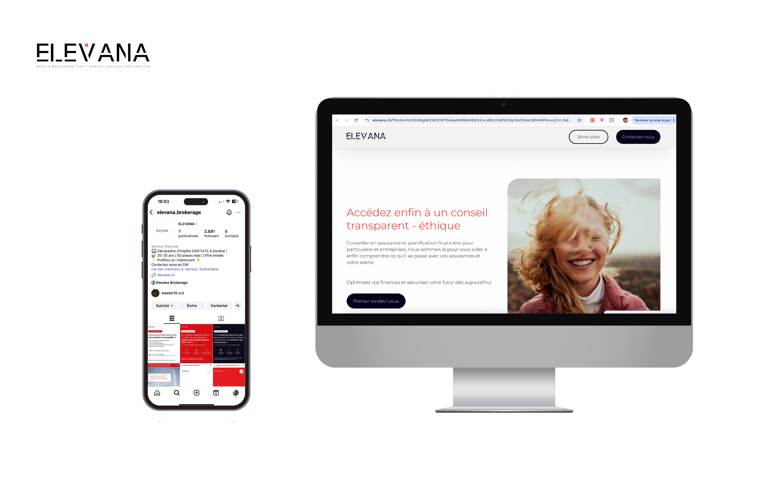 Mockup of website on a desktop monitor and a smartphone showing a financial services profile and webpage