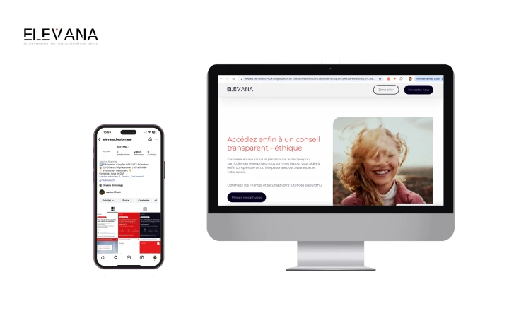 Mockup of website on a desktop monitor and a smartphone showing a financial services profile and webpage