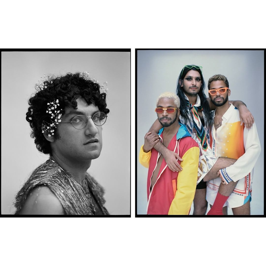 A duo of images, on the left a black and white portrait of a man with floral decorations. On the right, three men in bright clothing pose.