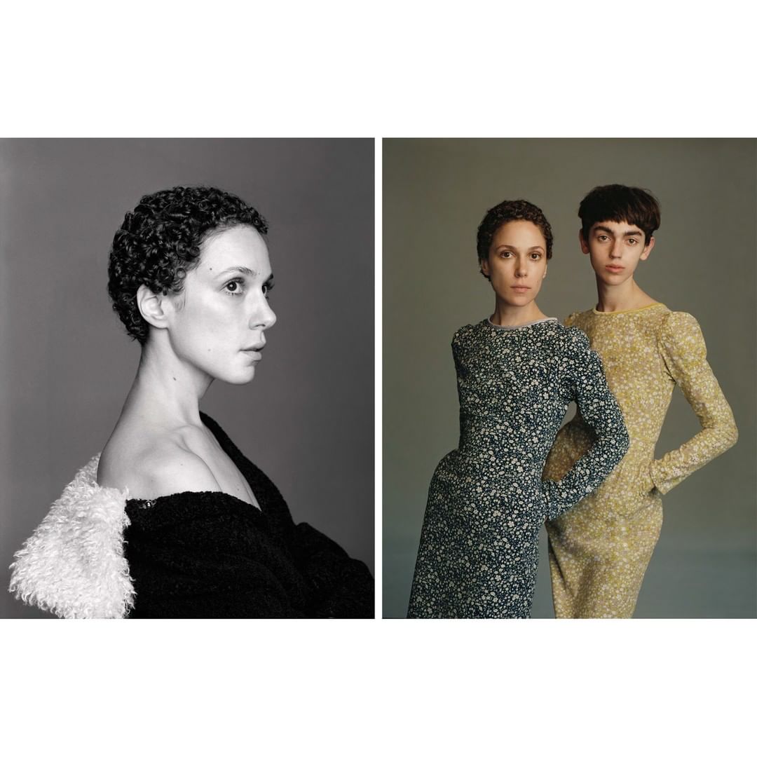 Black and white diptych of two women in dresses with a muted gray backdrop, showcasing fashion and portraiture with minimalist style.