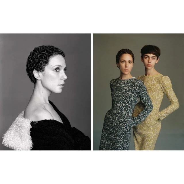 Black and white diptych of two women in dresses with a muted gray backdrop, showcasing fashion and portraiture with minimalist style.