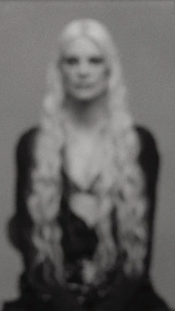 Portrait of a person with long blonde hair and dark clothing captured with heavy soft-focus blur against a plain grey background.