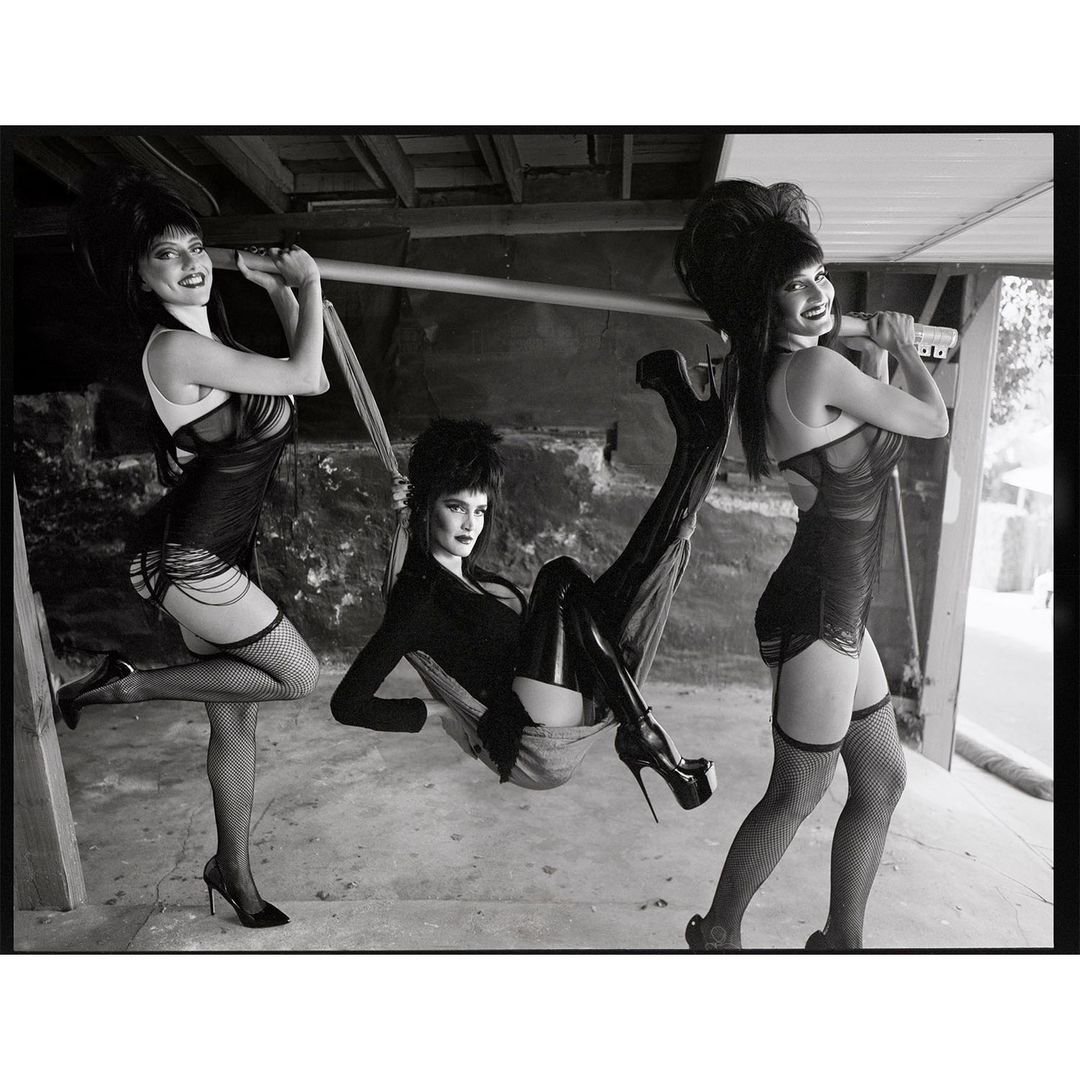 Black and white portrait of three women in lingerie, fishnet stockings, and high heels posing in an indoor environment. One woman is in a hammock.