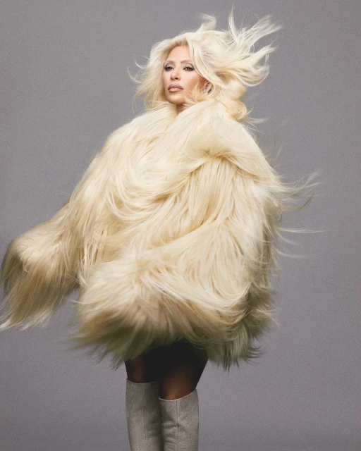 Adult woman with blonde hair wearing a voluminous faux fur coat and matching boots in a studio shot with a neutral gray backdrop.